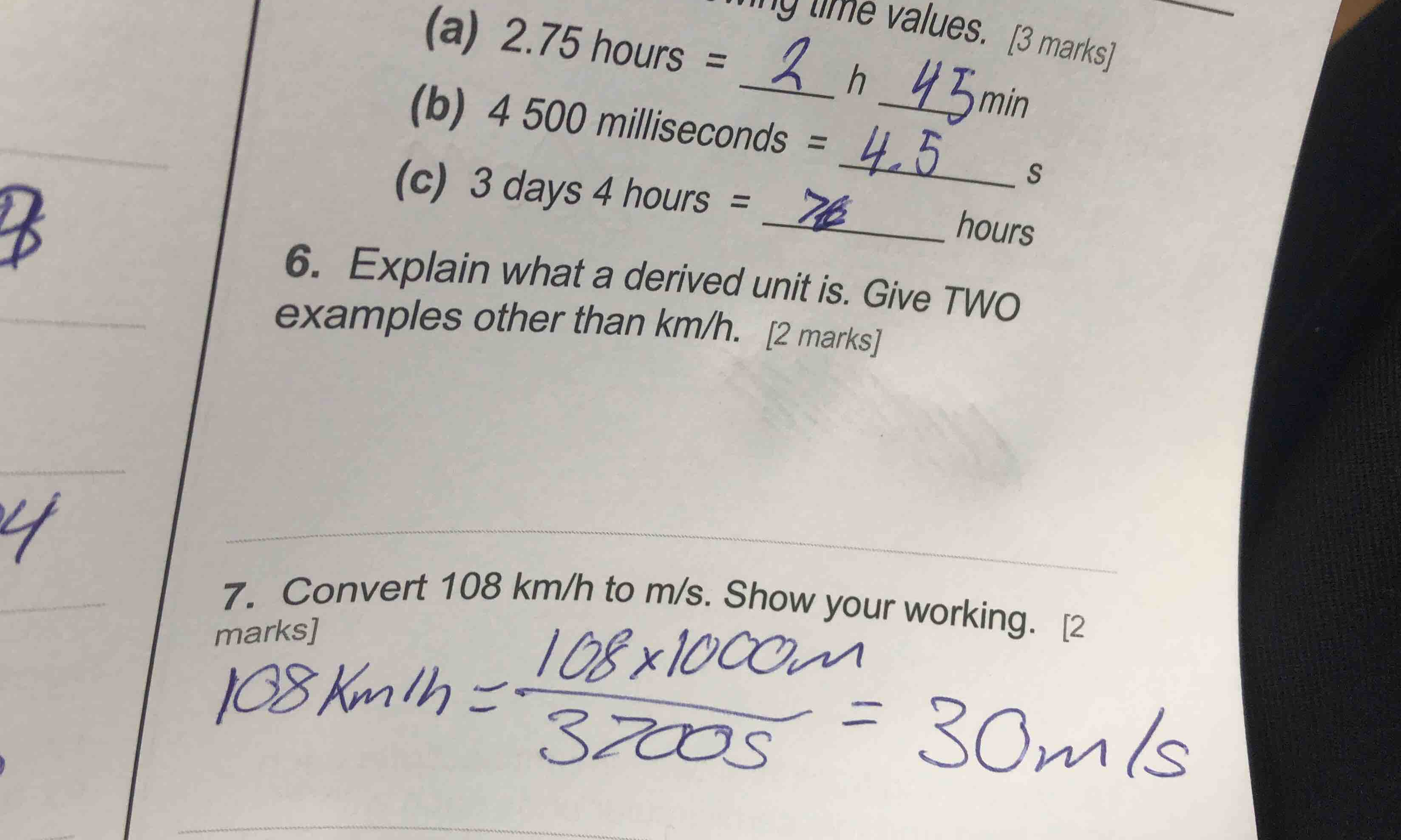 6. explain what a derived unit is. give two examples other than km/h. 2…