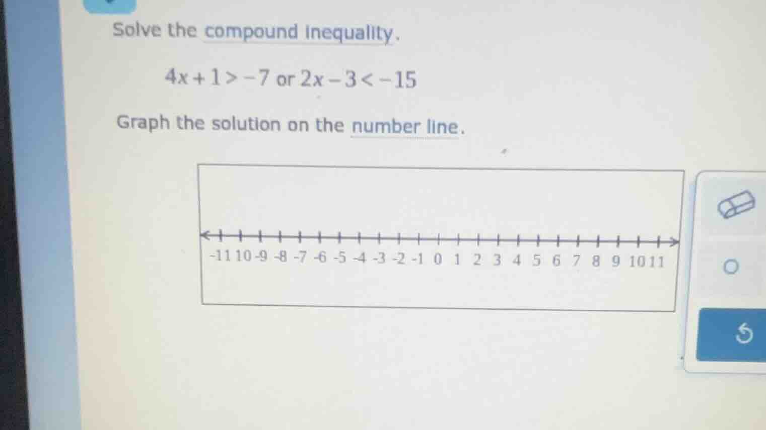 solve the compound inequality. (4x + 1 > -7) or (2x - 3 < -15) graph th…