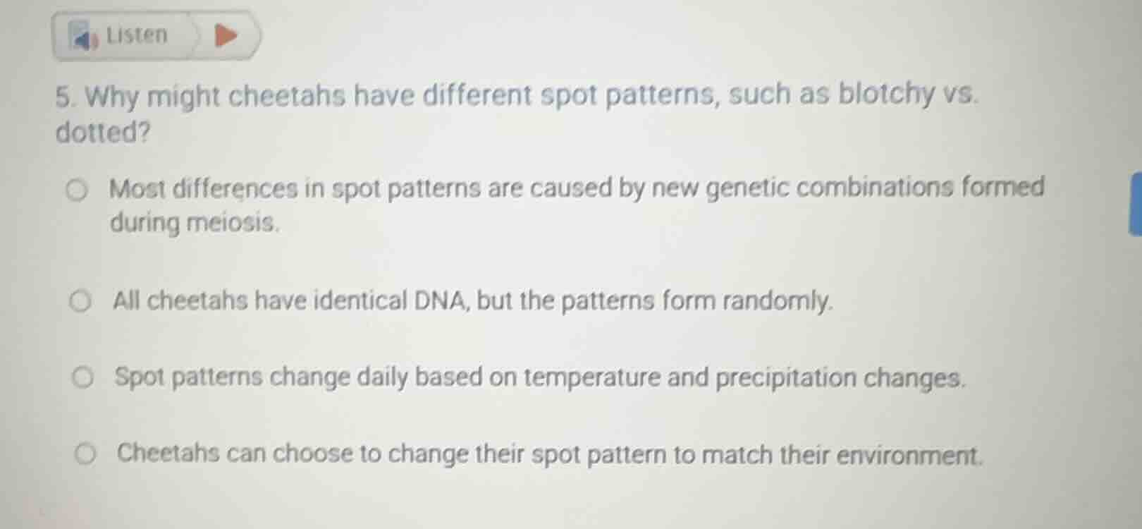 5. why might cheetahs have different spot patterns, such as blotchy vs.…