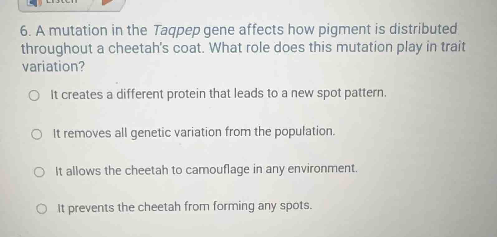 6. a mutation in the taqpep gene affects how pigment is distributed thr…