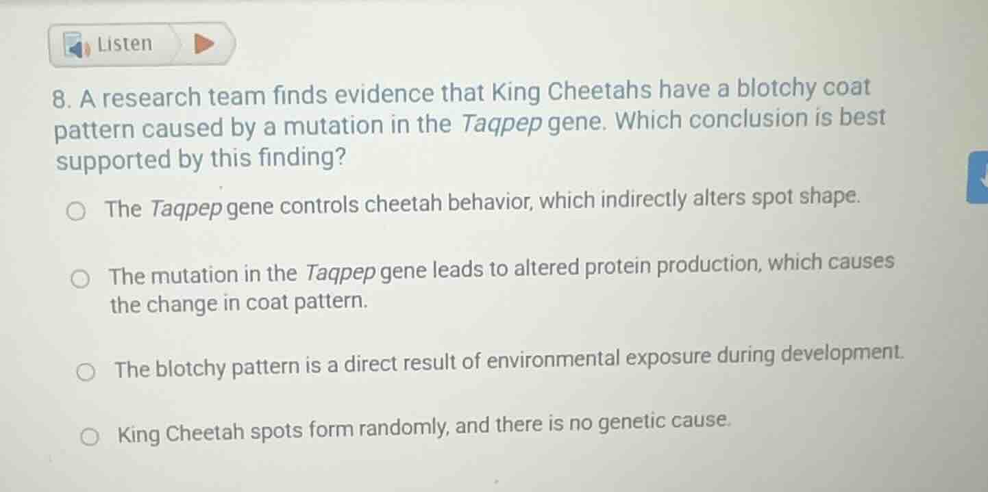 8. a research team finds evidence that king cheetahs have a blotchy coa…
