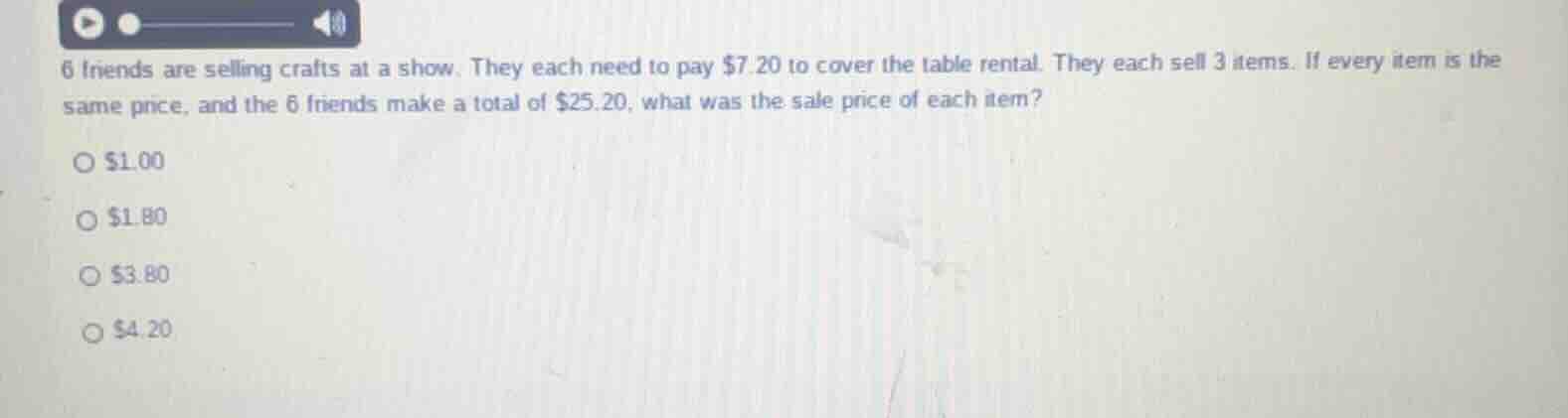 6 friends are selling crafts at a show. they each need to pay \\$7.20 t…