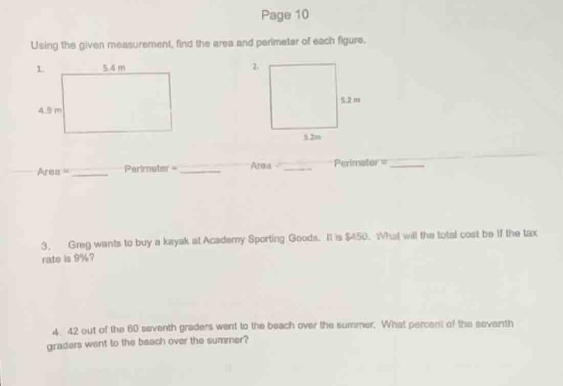 page 10 using the given measurement, find the area and perimeter of eac…