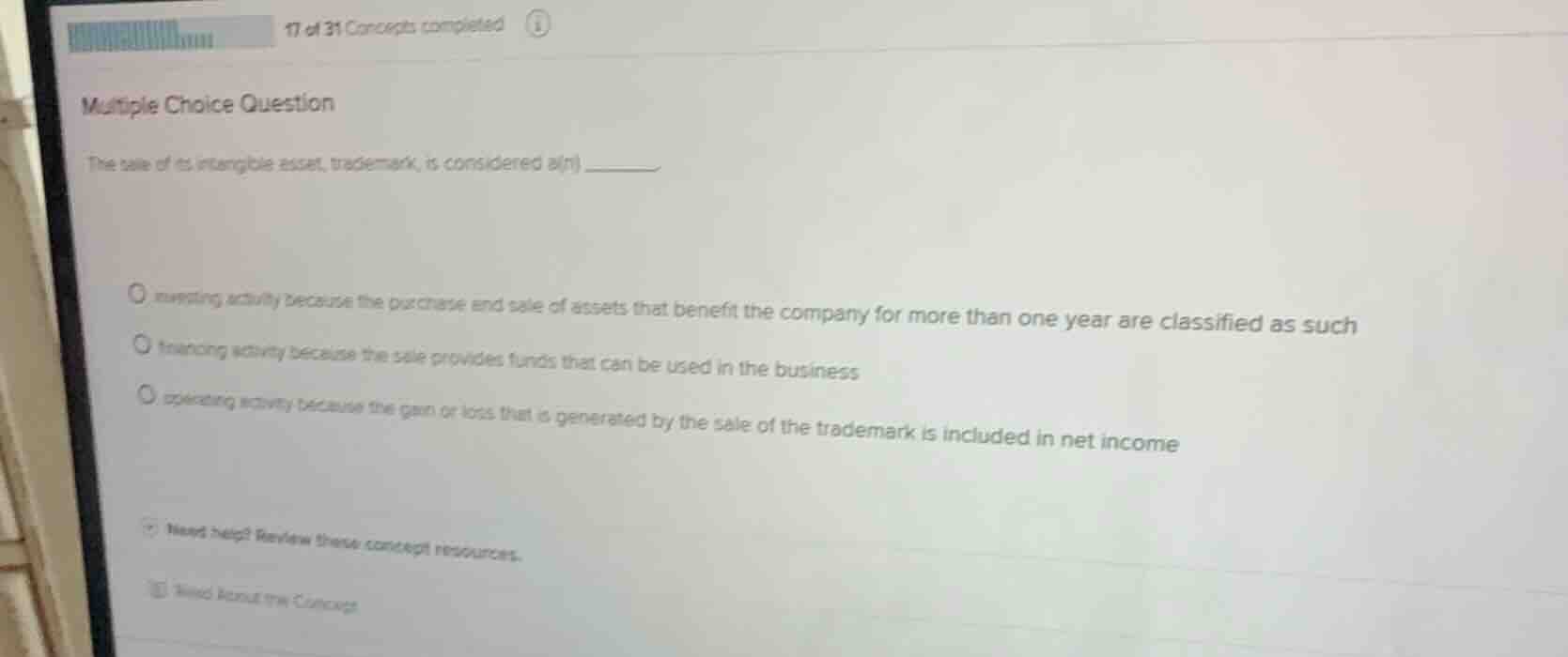 multiple choice question the sale of its intangible asset, trademark, i…