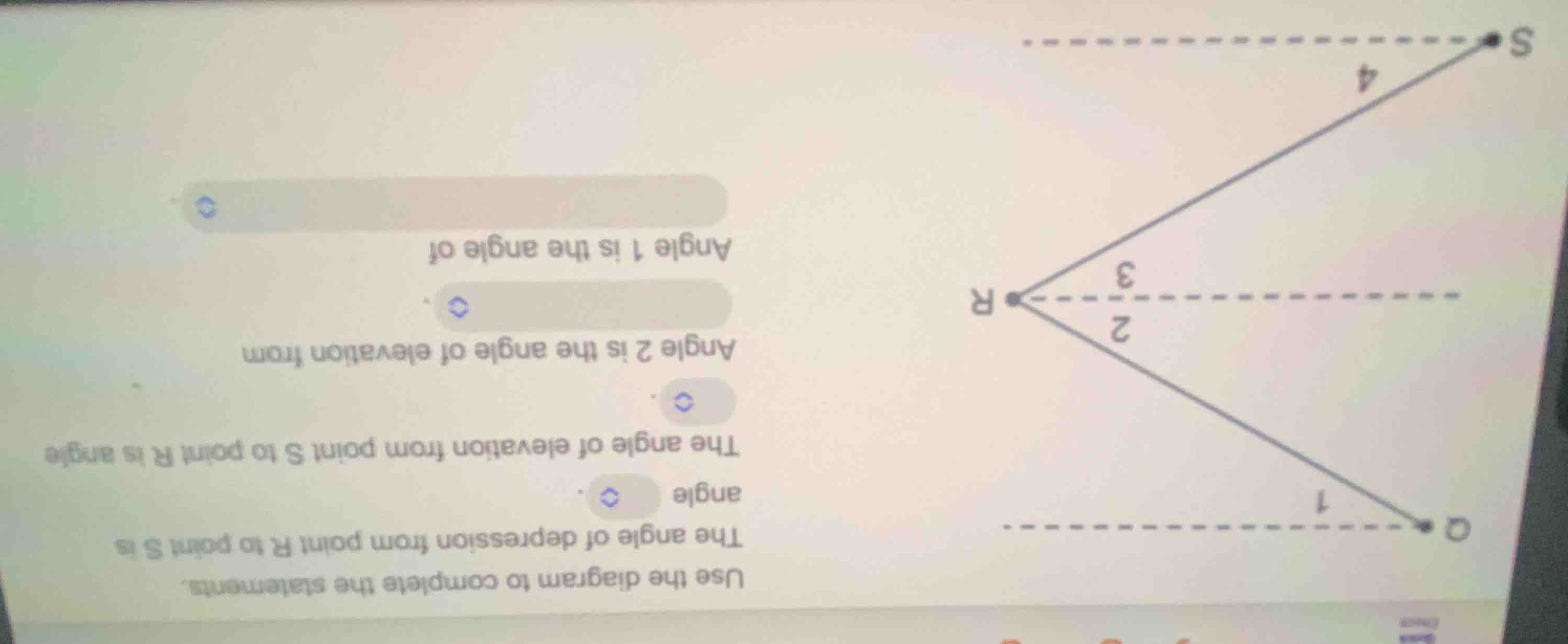 use the diagram to complete the statements. the angle of depression fro…