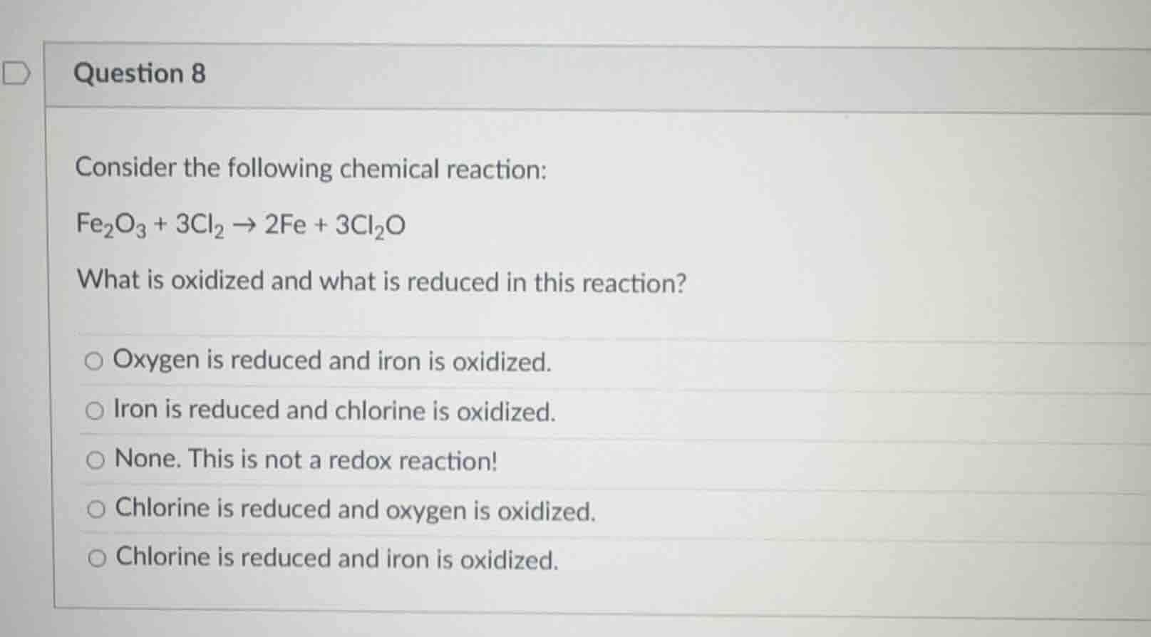 question 8 consider the following chemical reaction: \\(\\text{fe}_2\\t…