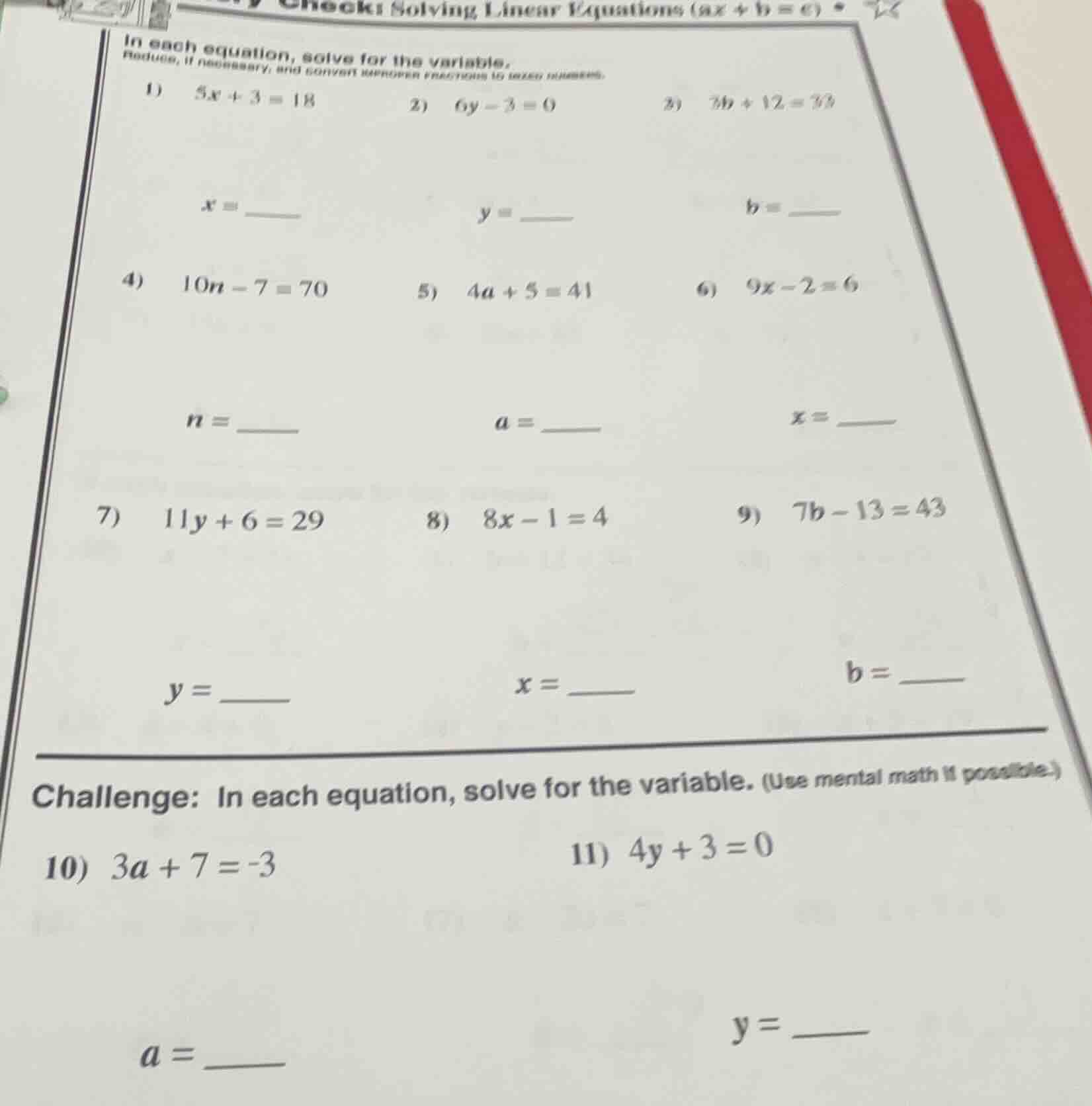 solving linear equations (ax + b = c) in each equation, solve for the v…