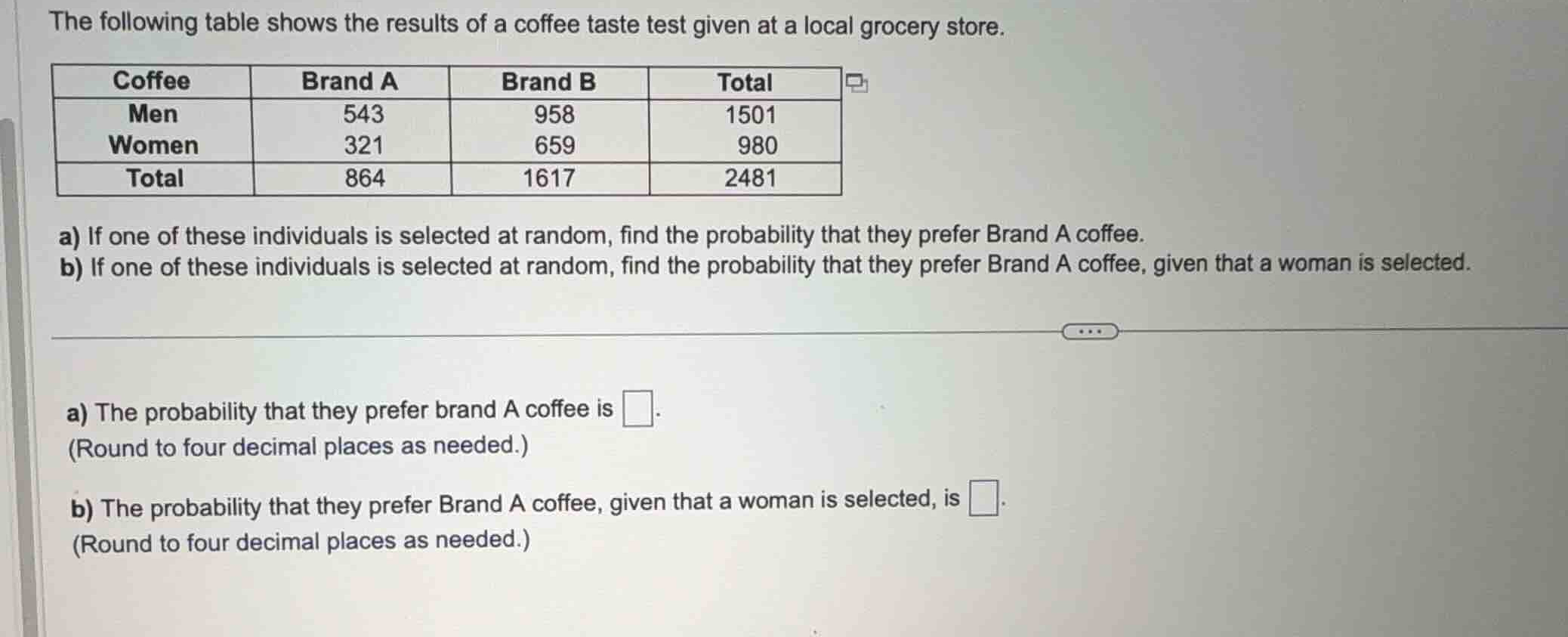 the following table shows the results of a coffee taste test given at a…