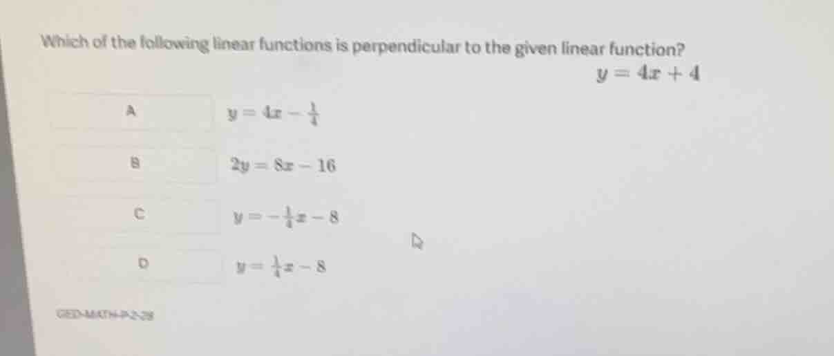 which of the following linear functions is perpendicular to the given l…