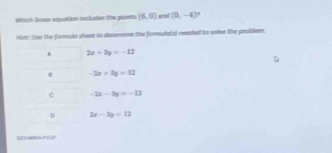 which linear equation includes the points \\((6, 0)\\) and \\((0, -4)\\…