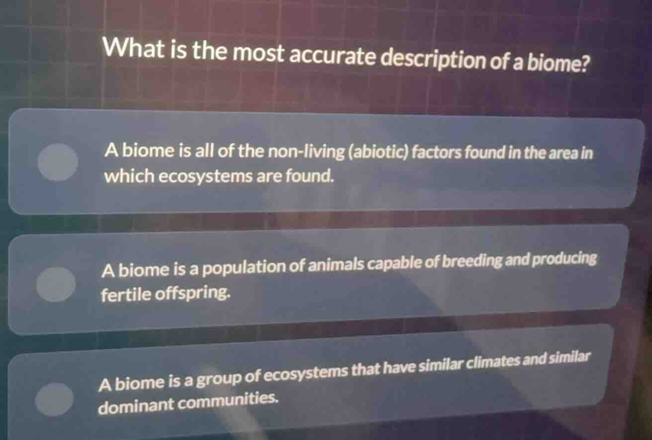 what is the most accurate description of a biome? a biome is all of the…