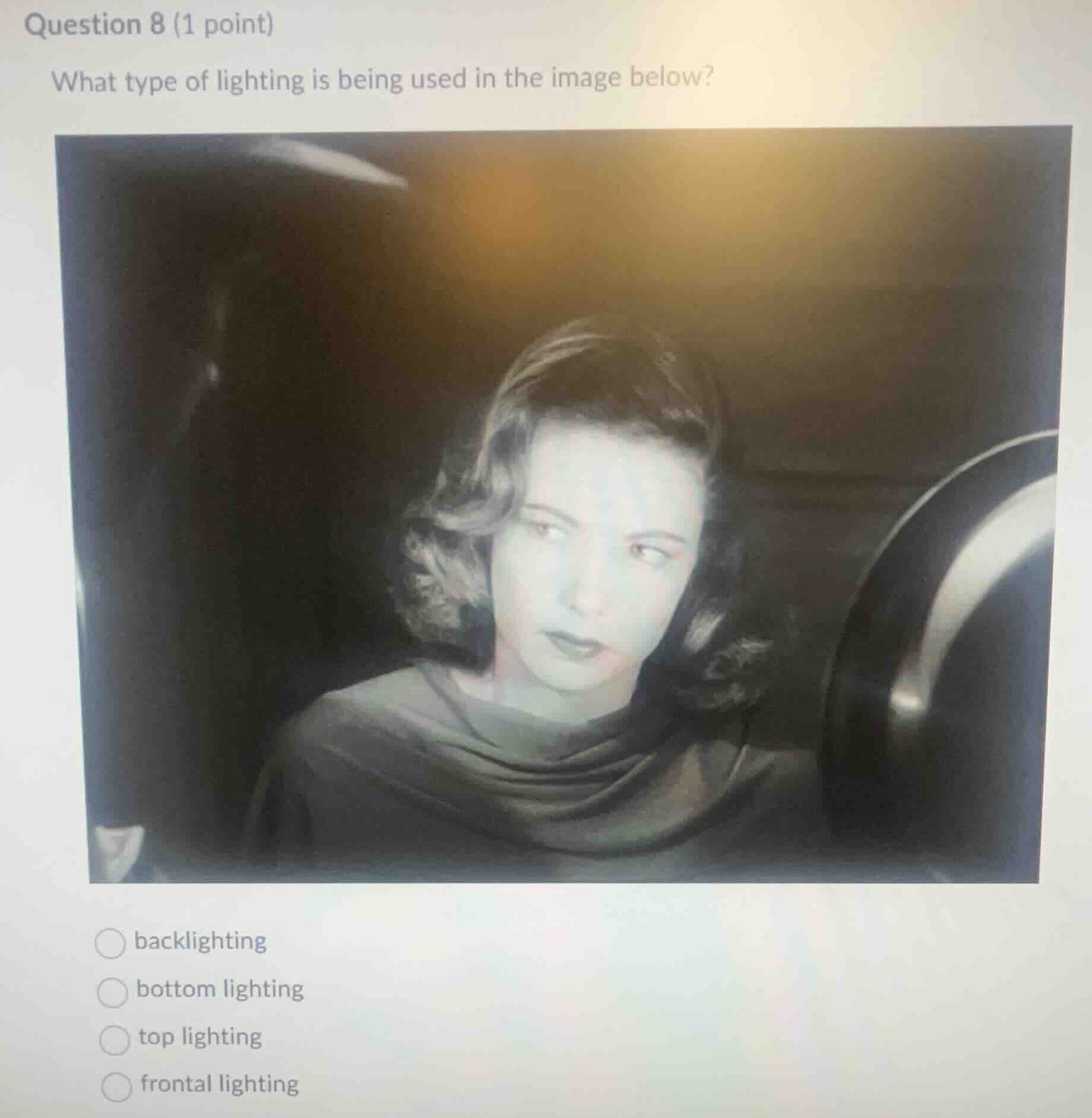 question 8 (1 point) what type of lighting is being used in the image b…