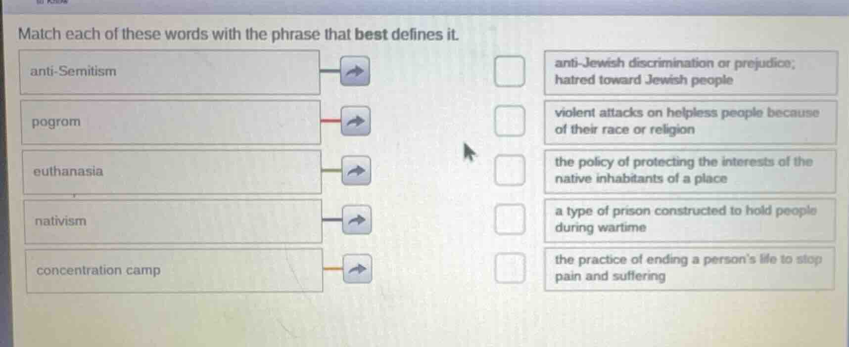 match each of these words with the phrase that best defines it. anti-se…