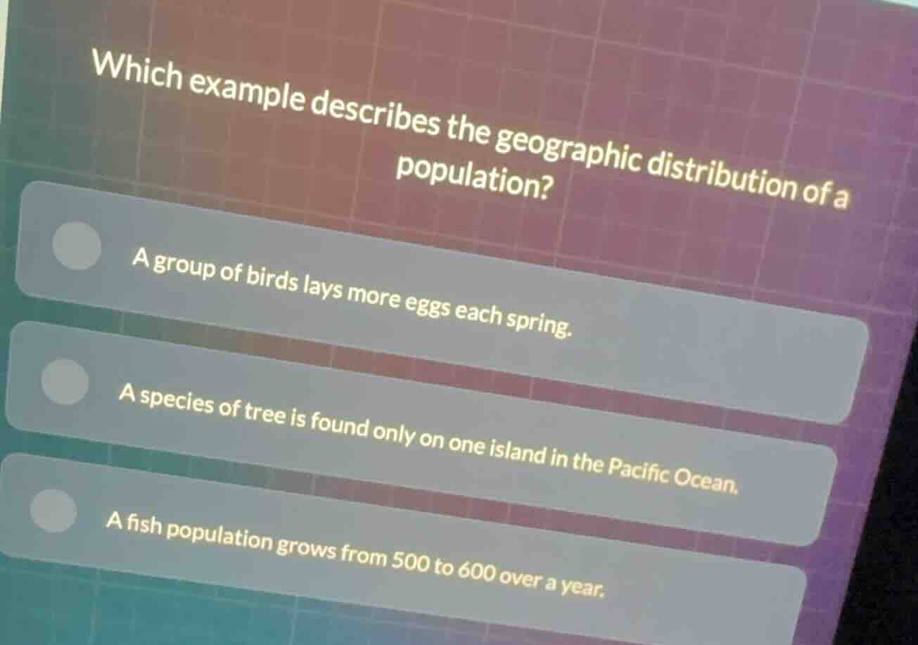 which example describes the geographic distribution of a population? a …