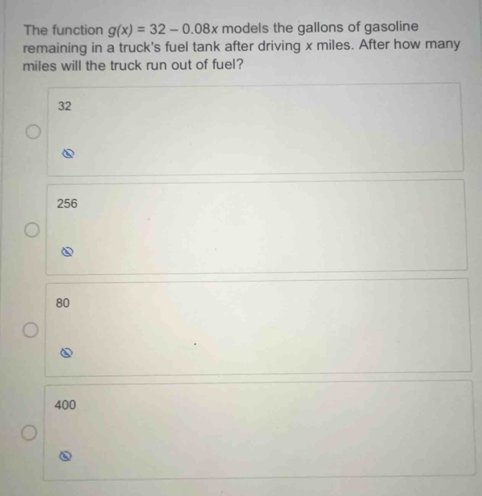 the function \\(g(x) = 32 - 0.08x\\) models the gallons of gasoline rem…