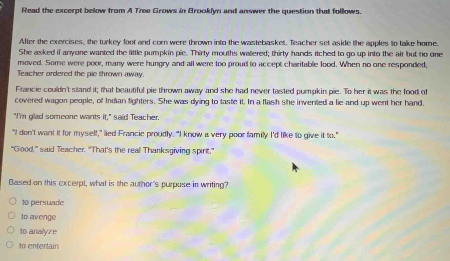 read the excerpt below from a tree grows in brooklyn and answer the que…
