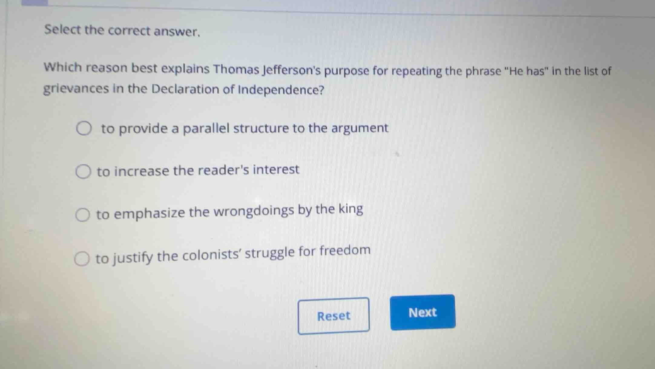 select the correct answer. which reason best explains thomas jeffersons…