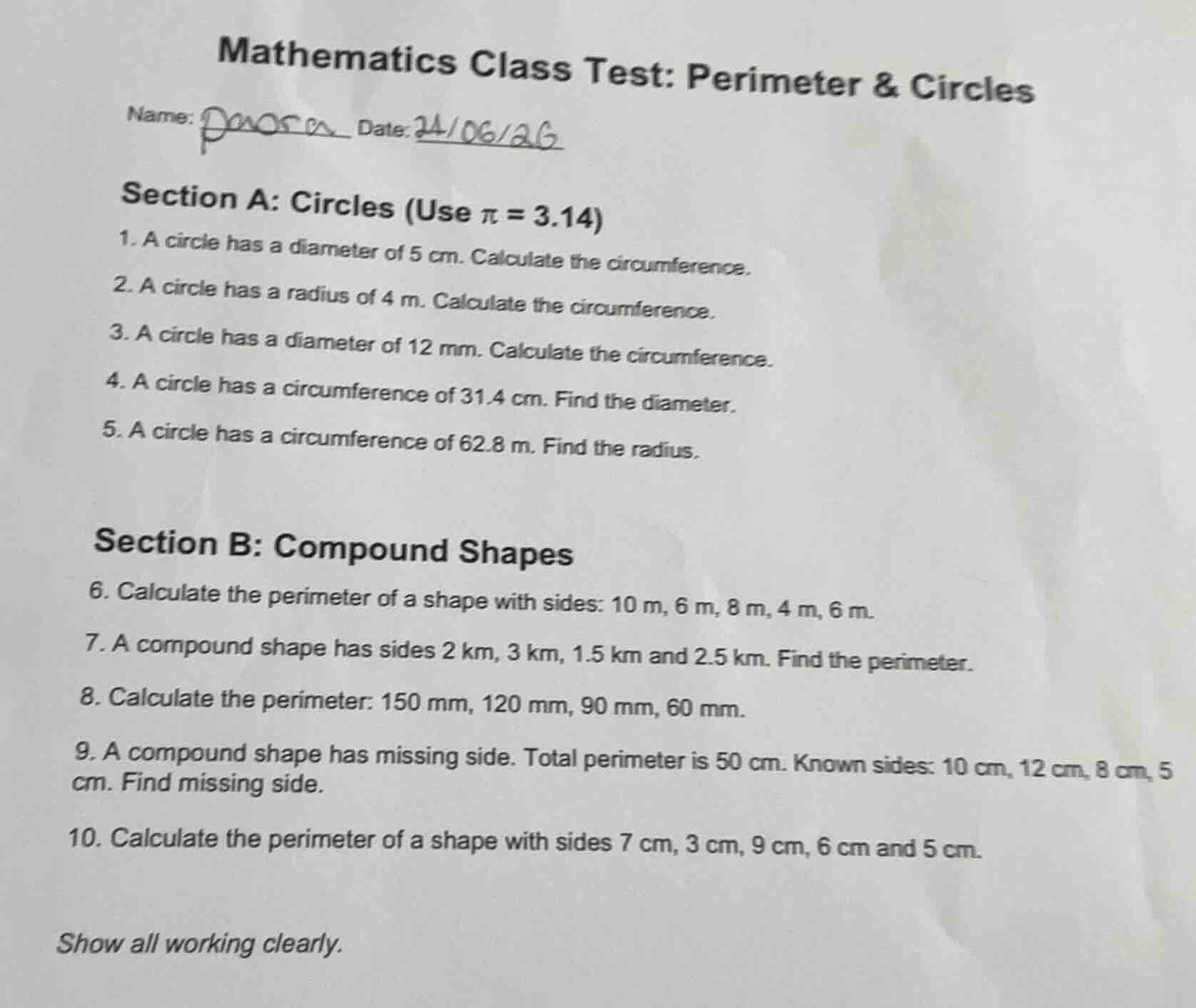 mathematics class test: perimeter & circles name: devora date: 24/06/26…