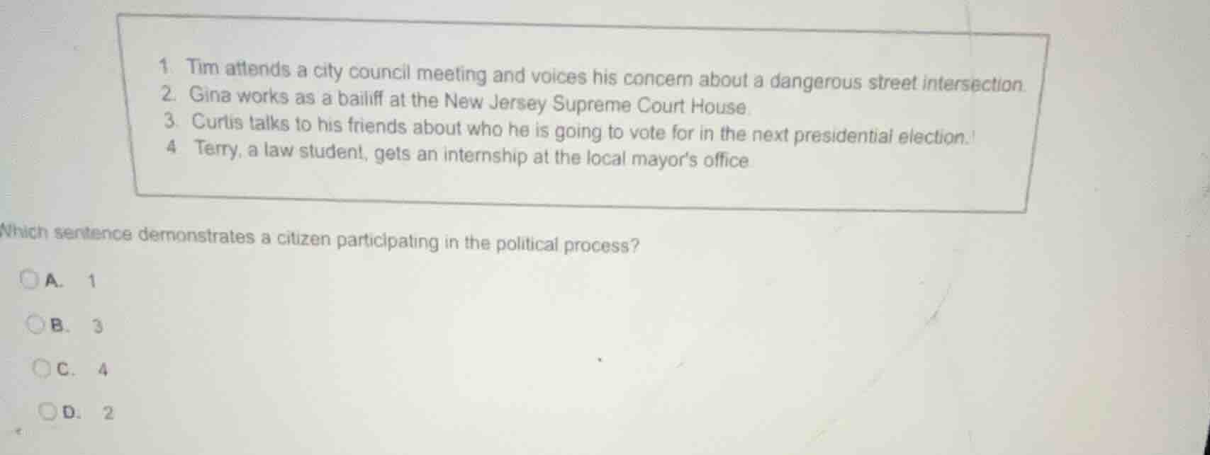 1. tim attends a city council meeting and voices his concern about a da…