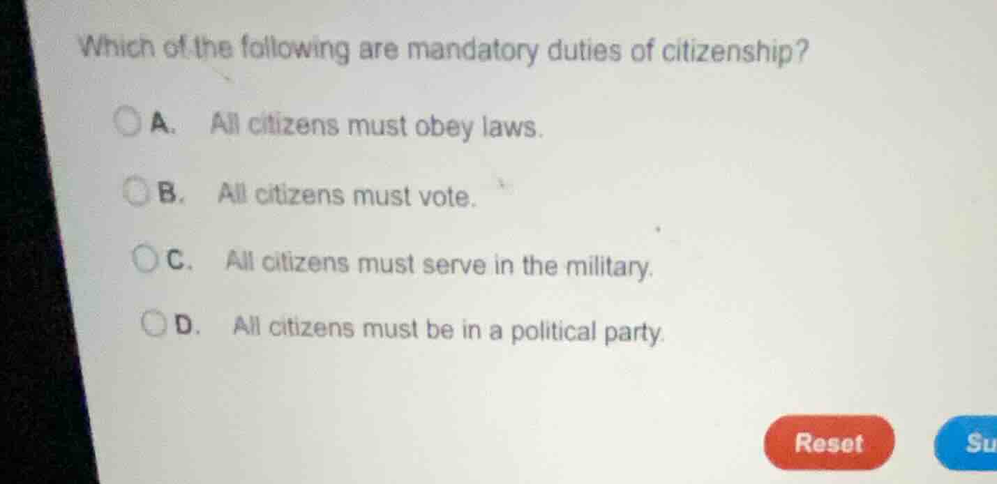 which of the following are mandatory duties of citizenship? a. all citi…