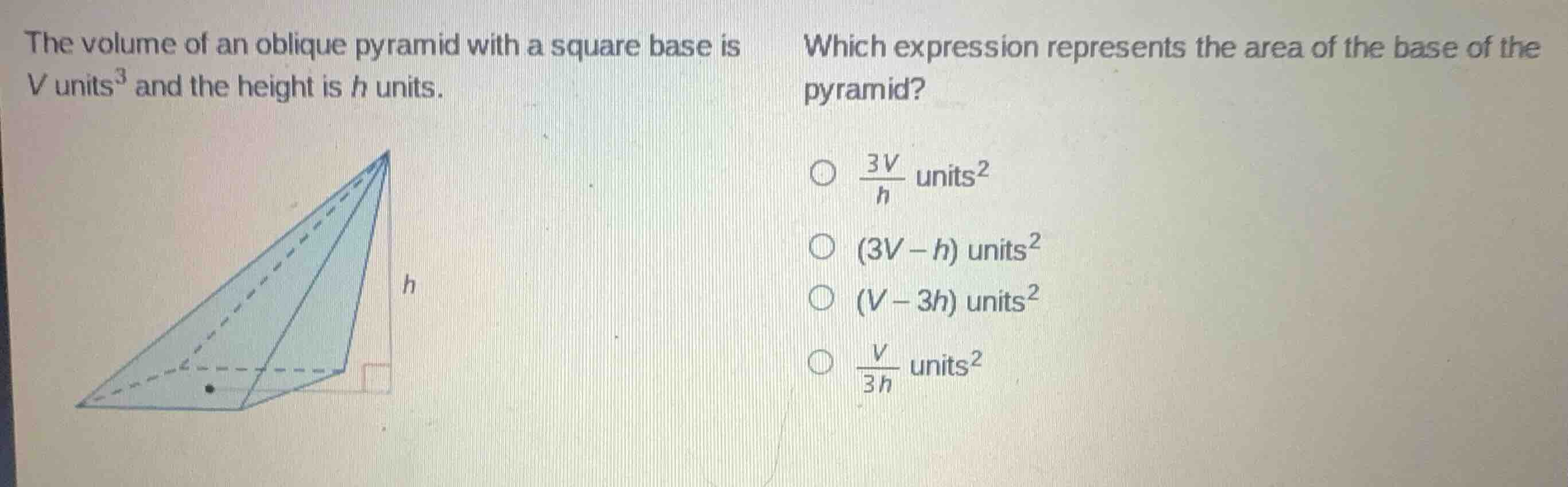 the volume of an oblique pyramid with a square base is \\(v\\text{ unit…