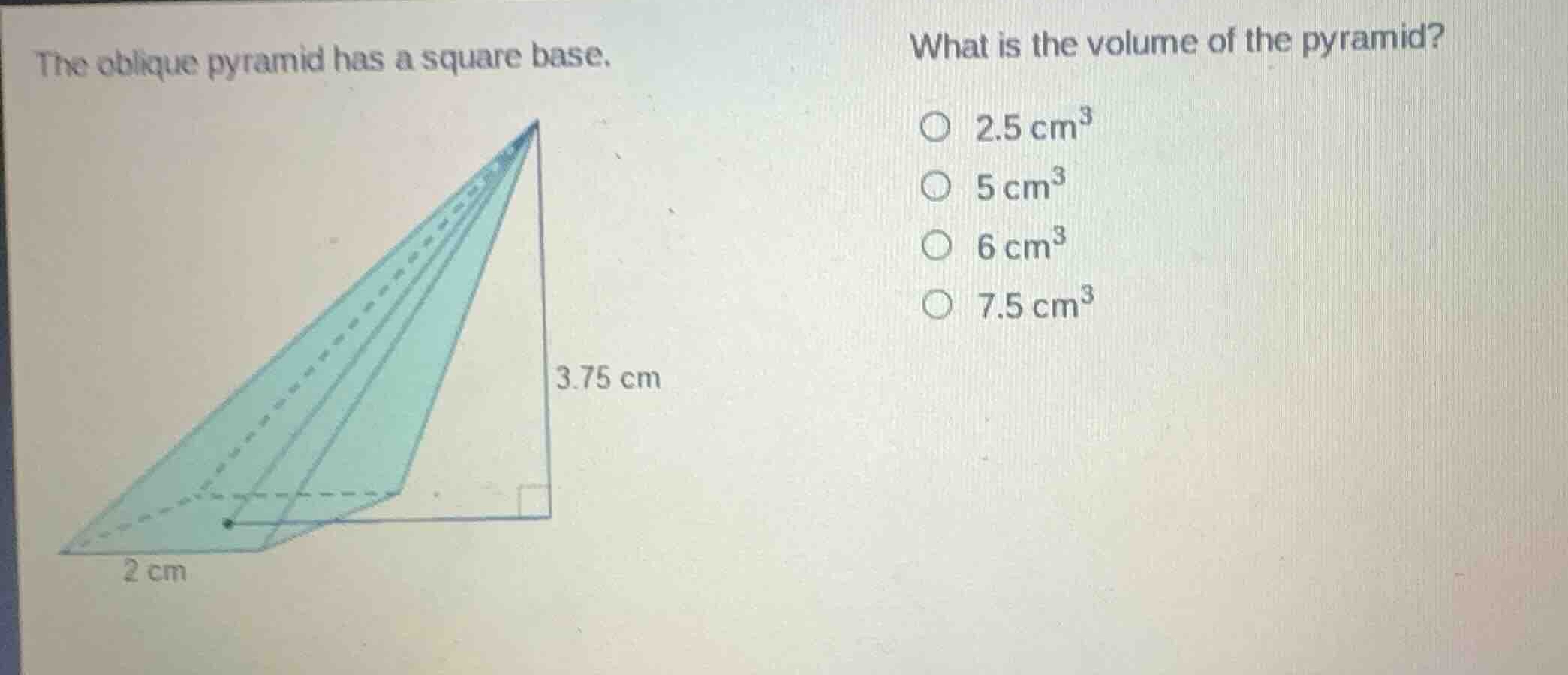 the oblique pyramid has a square base. what is the volume of the pyrami…