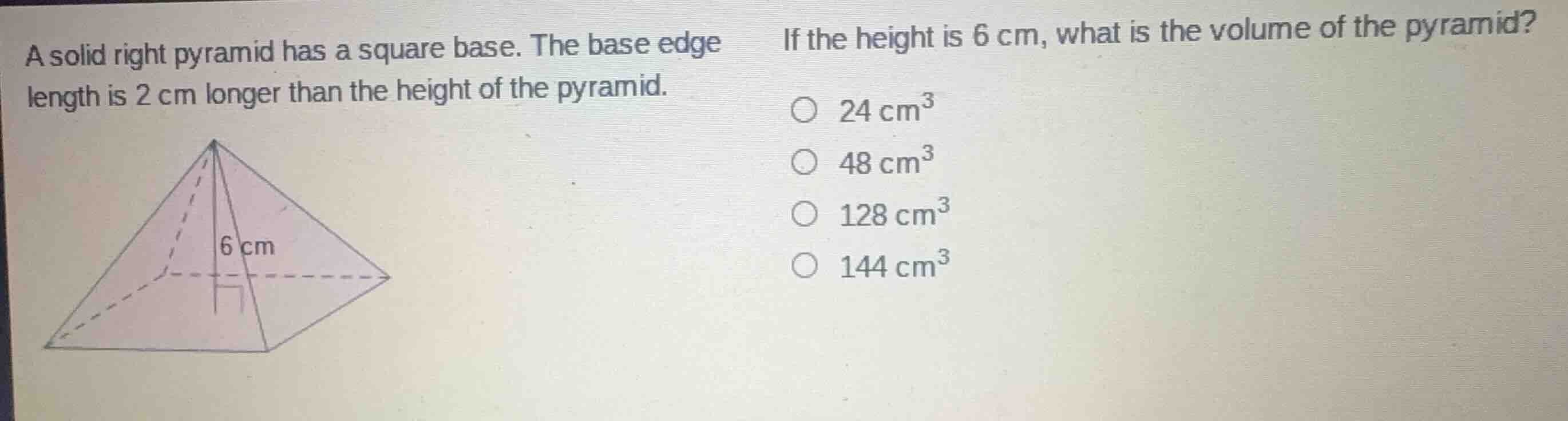 a solid right pyramid has a square base. the base edge length is 2 cm l…