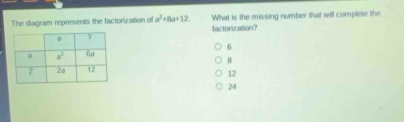 the diagram represents the factorization of \\(a^2+8a+12\\). what is th…