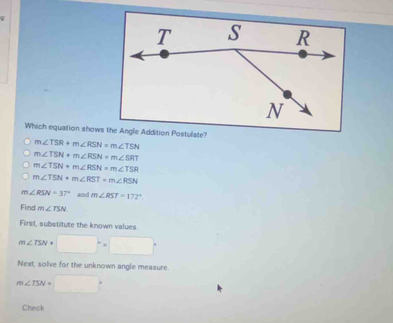 which equation shows the angle addition postulate? \\(m\\angle tsr + m\…