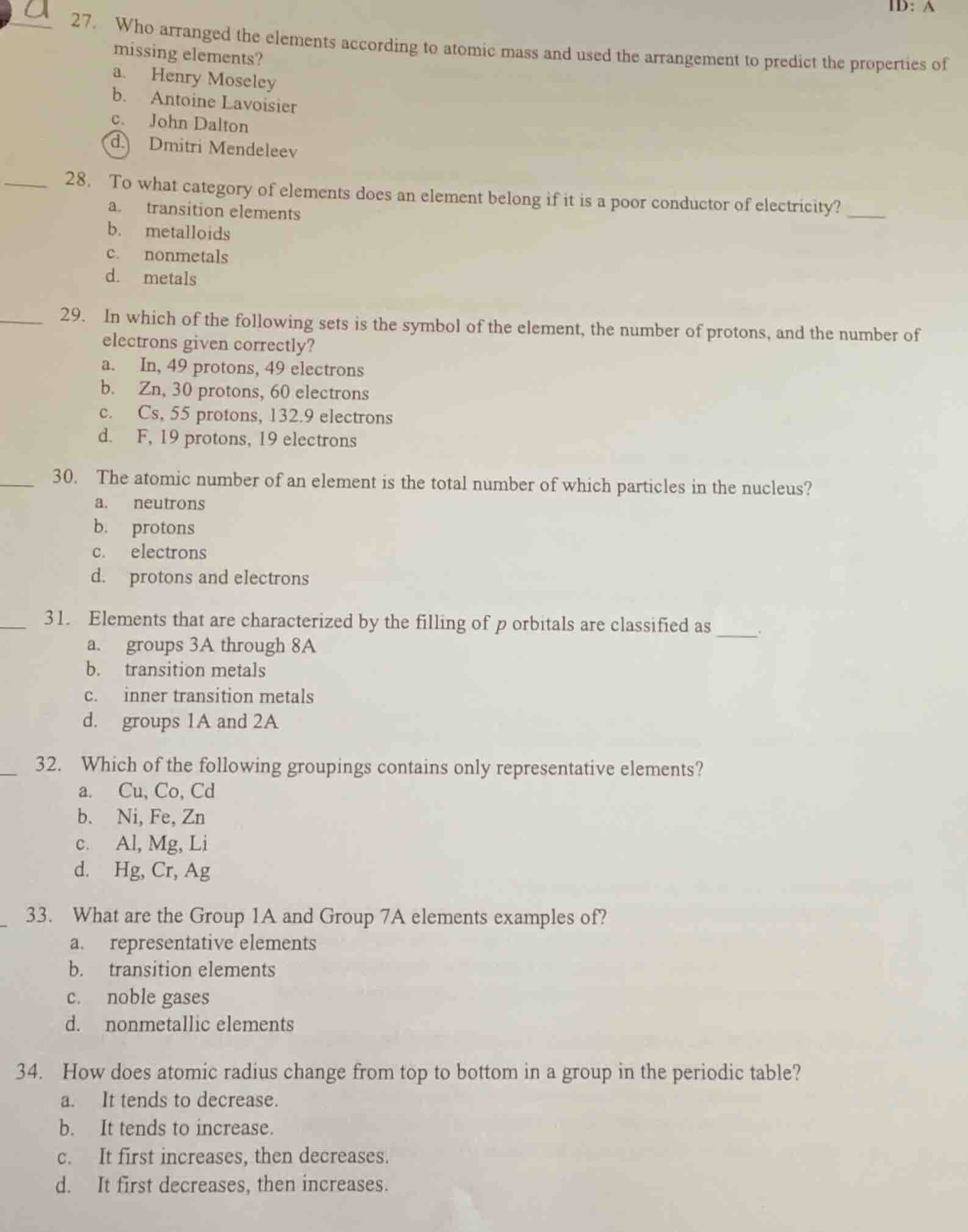27. who arranged the elements according to atomic mass and used the arr…