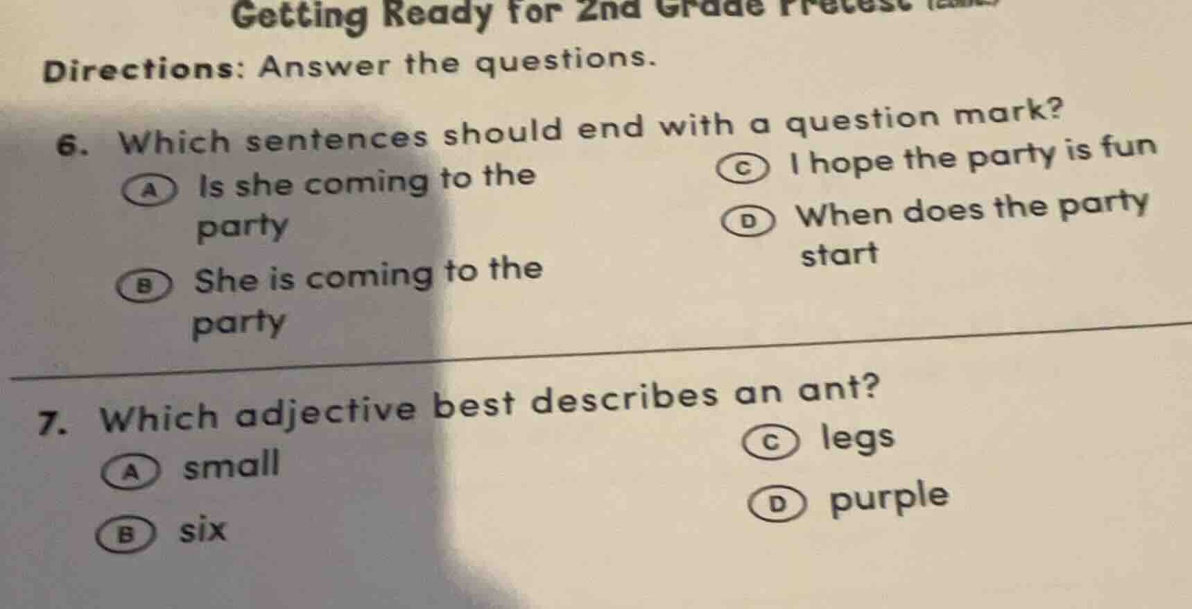 getting ready for 2nd grade pretest directions: answer the questions. 6…