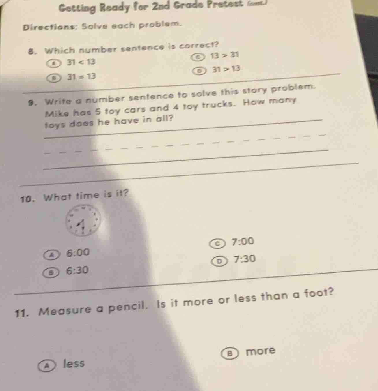getting ready for 2nd grade pretest (cont.) directions: solve each prob…