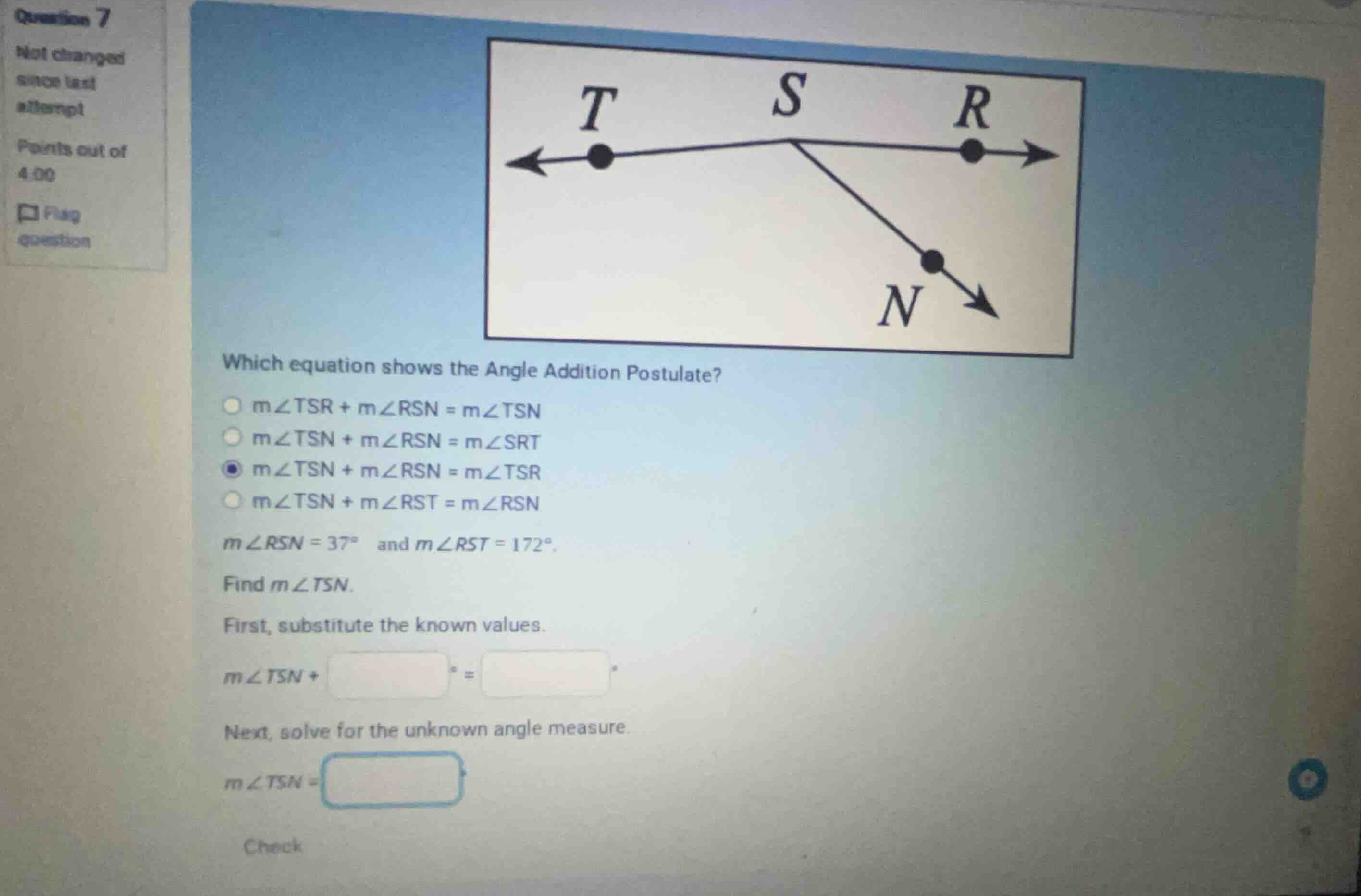 which equation shows the angle addition postulate? \\(m\\angle tsr + m\…