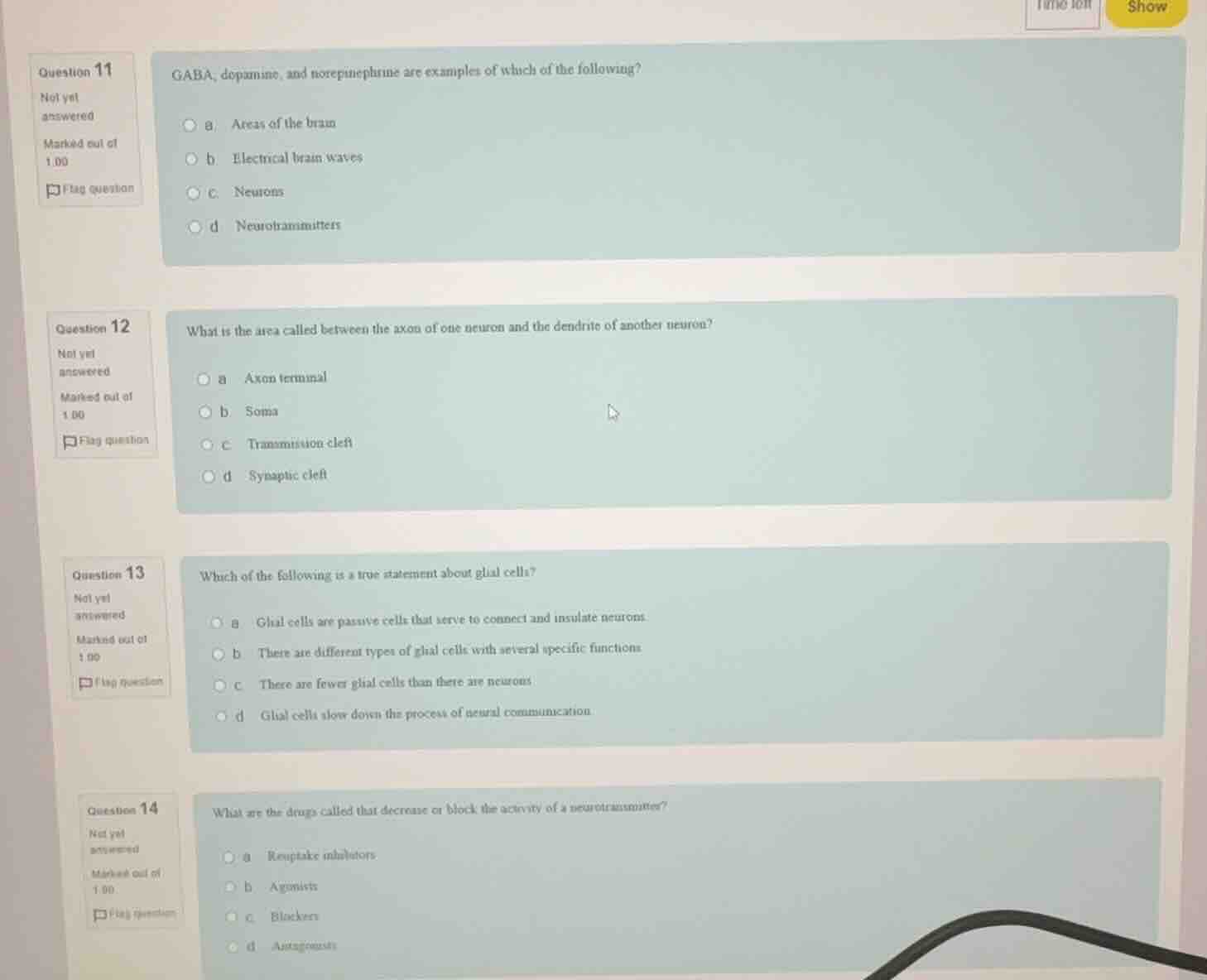question 11 gaba, dopamine, and norepinephrine are examples of which of…