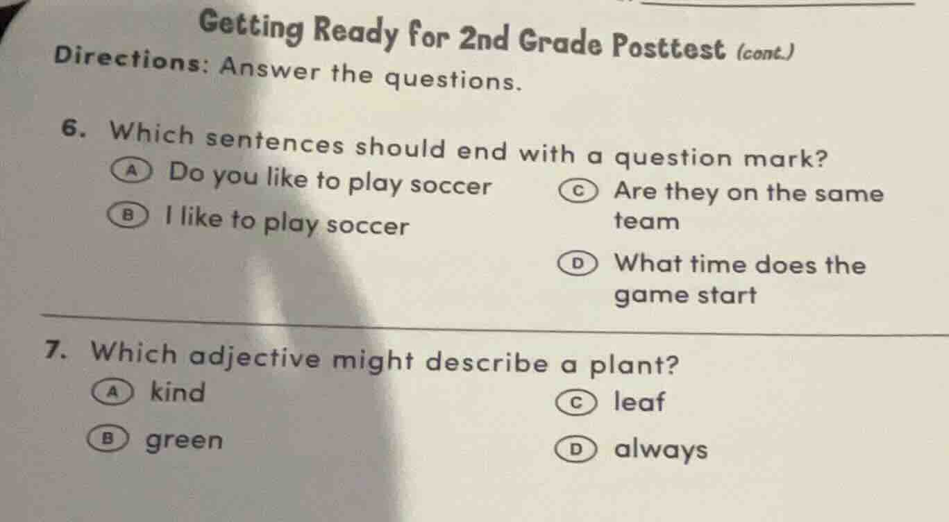 getting ready for 2nd grade posttest (cont.) directions: answer the que…