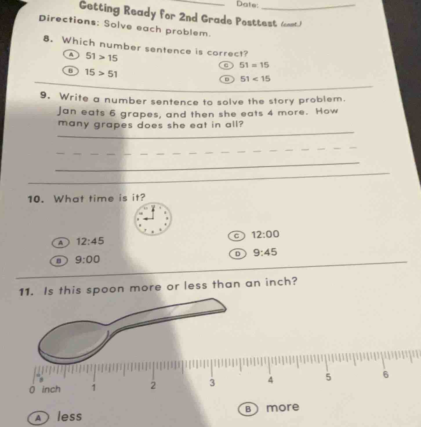 getting ready for 2nd grade posttest (cont.) directions: solve each pro…