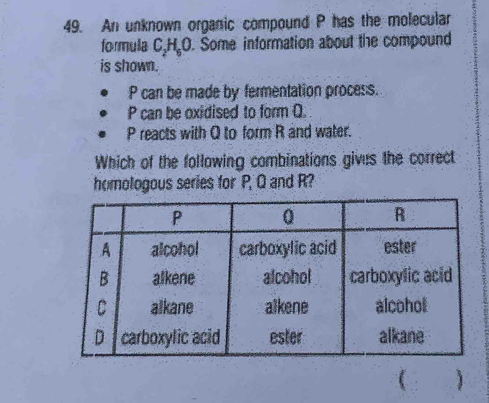 49. an unknown organic compound p has the molecular formula \\(c_2h_6o\…