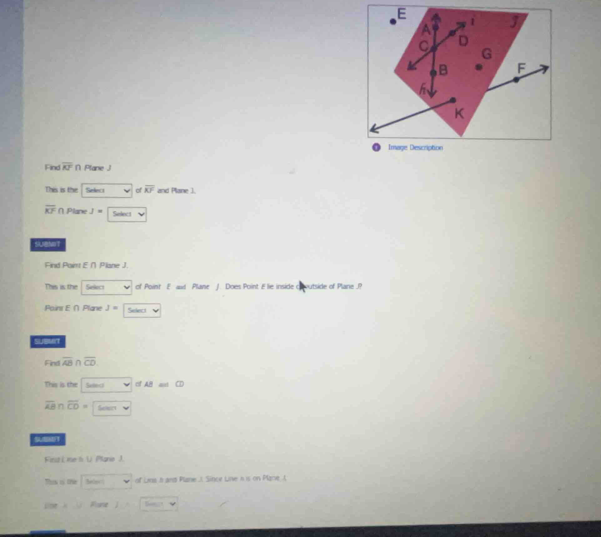 find \\(\\overleftrightarrow{kf} \\cap \\text{plane } j\\) this is the …