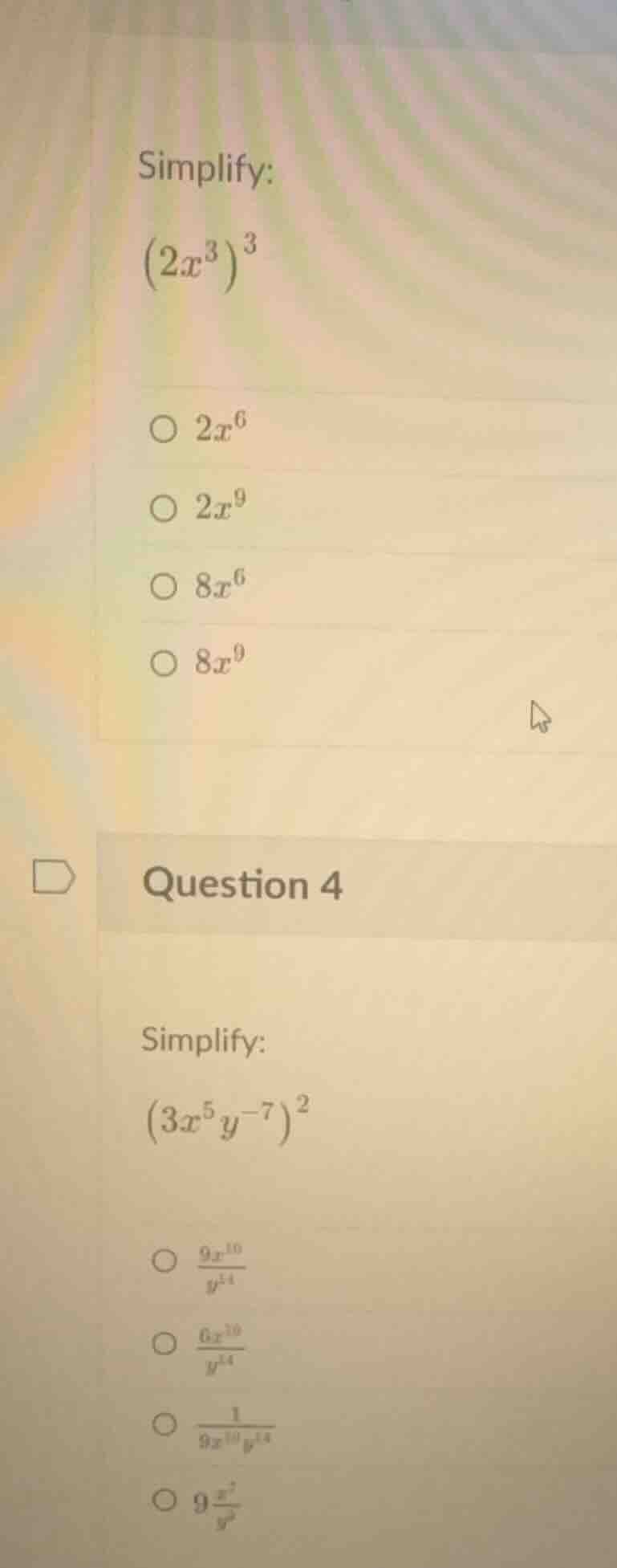 simplify: \\((2x^3)^3\\) - \\(2x^6\\) - \\(2x^9\\) - \\(8x^6\\) - \\(8x…