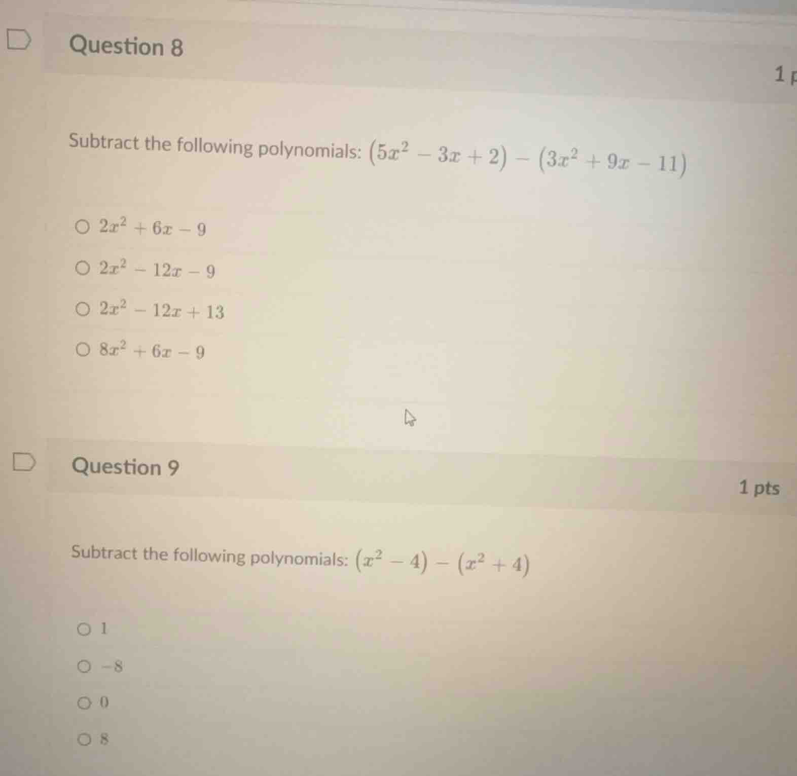 question 8 subtract the following polynomials: \\((5x^2 - 3x + 2) - (3x…