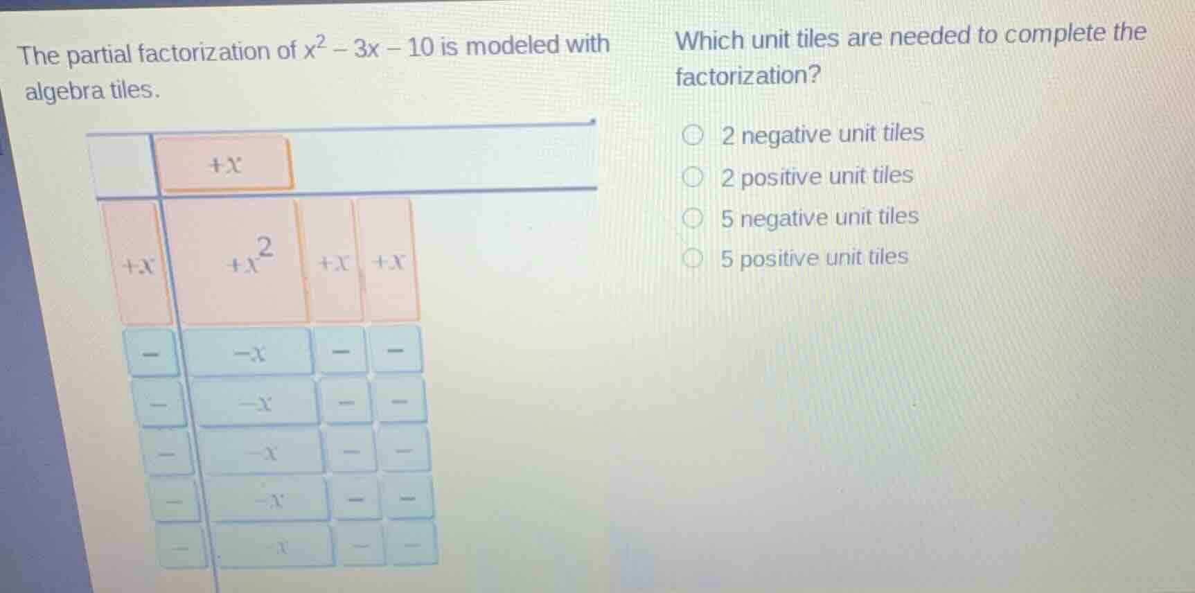 the partial factorization of (x^2 - 3x - 10) is modeled with algebra ti…