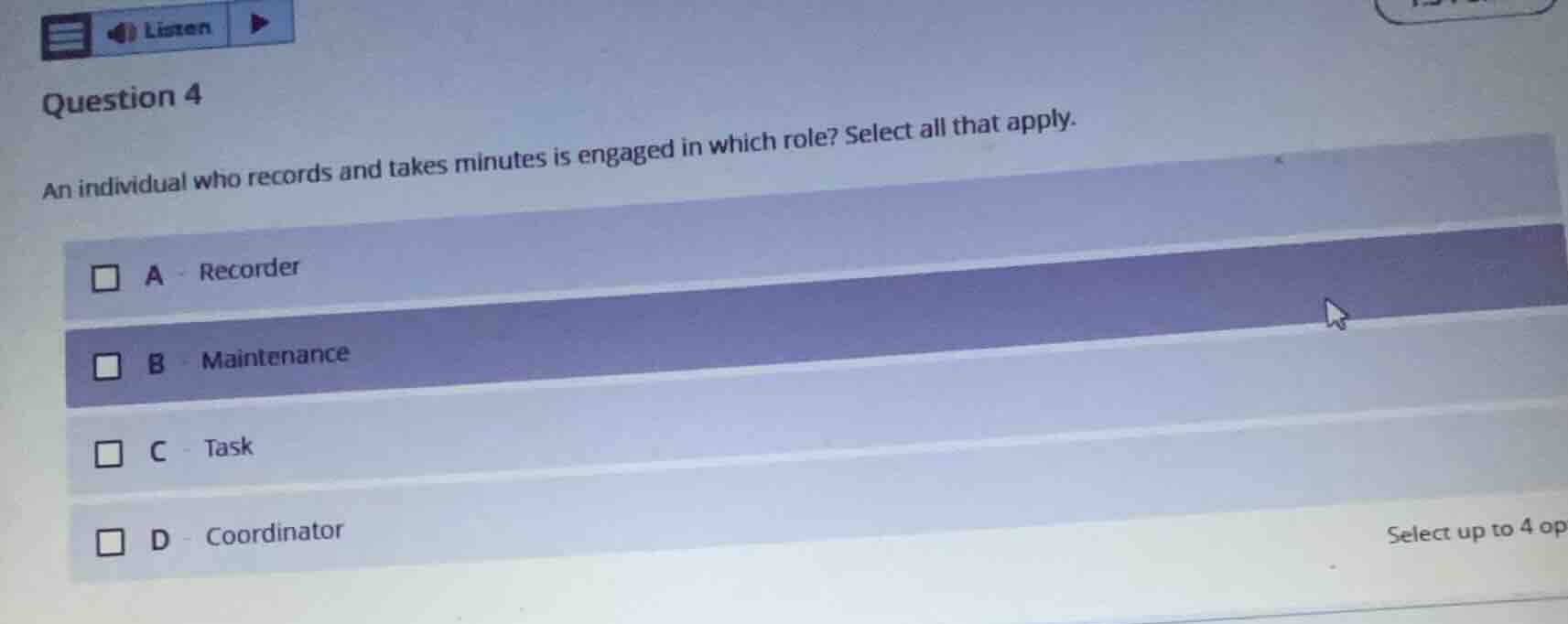 question 4 an individual who records and takes minutes is engaged in wh…