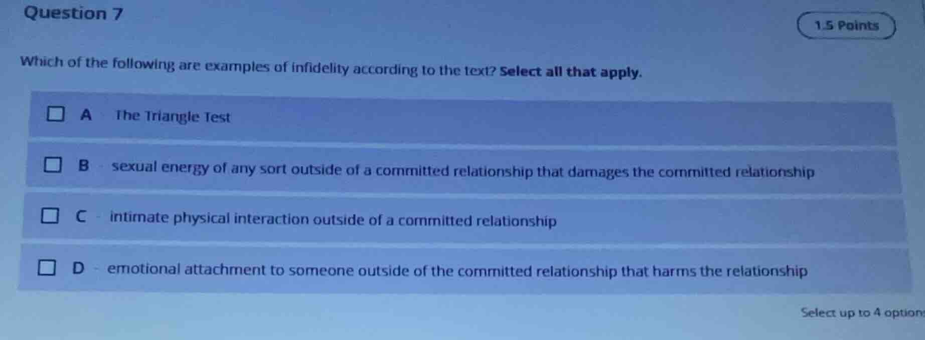 question 7 1.5 points which of the following are examples of infidelity…