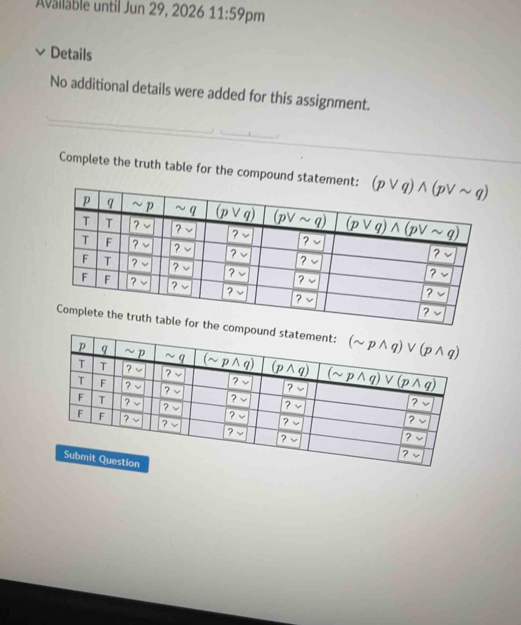 complete the truth table for the compound statement: \\((p \\lor q) \\l…
