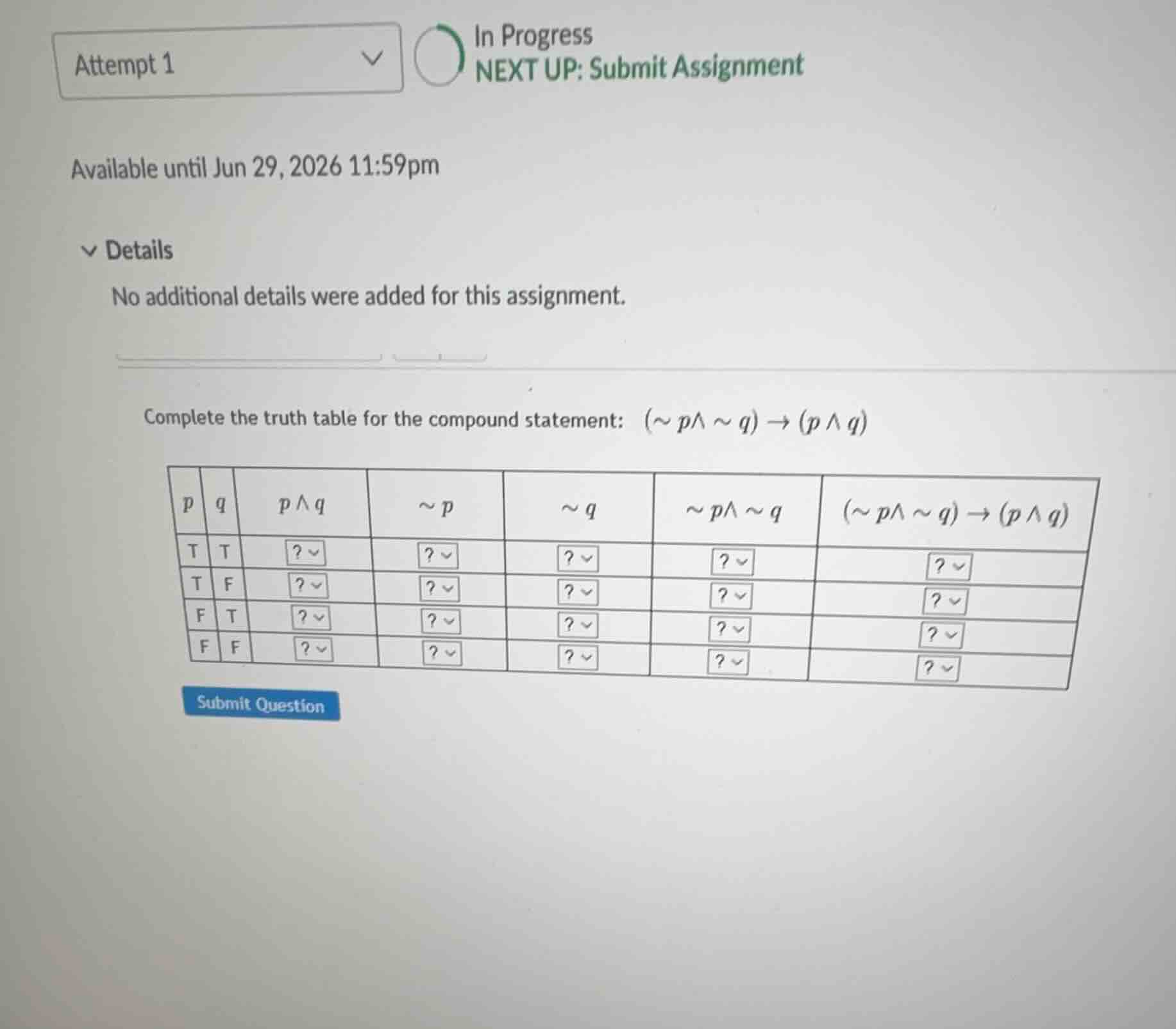 complete the truth table for the compound statement: \\((\\sim p \\wedg…