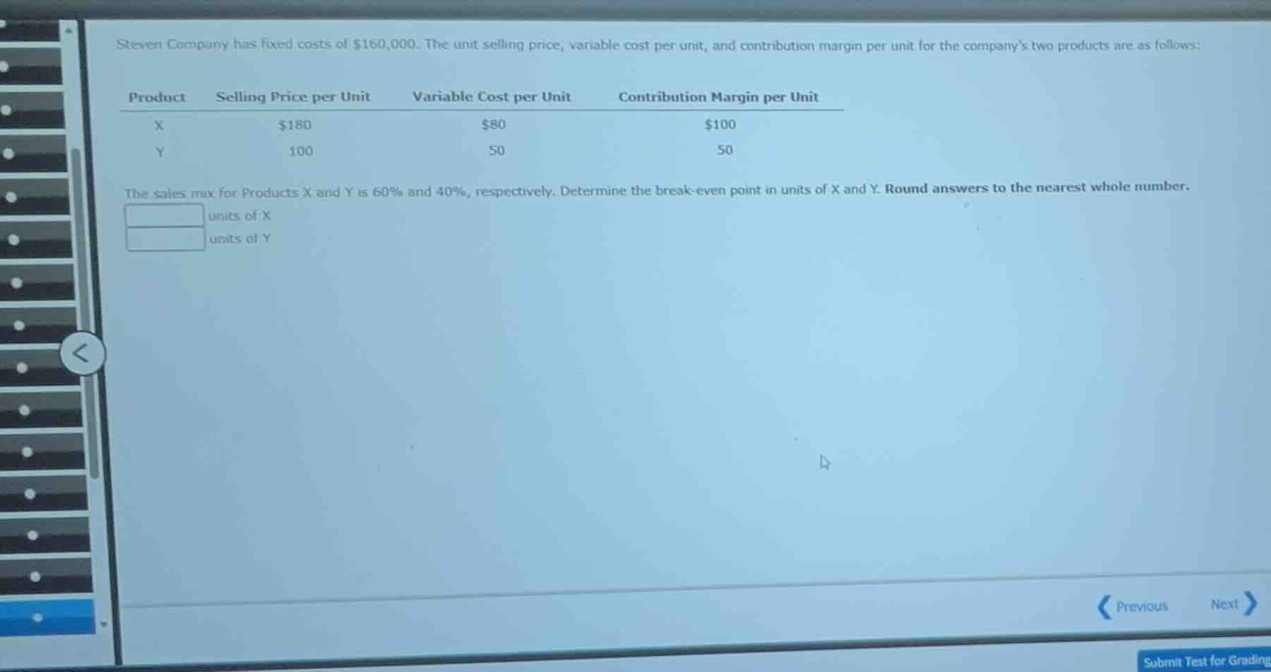 steven company has fixed costs of $160,000. the unit selling price, var…