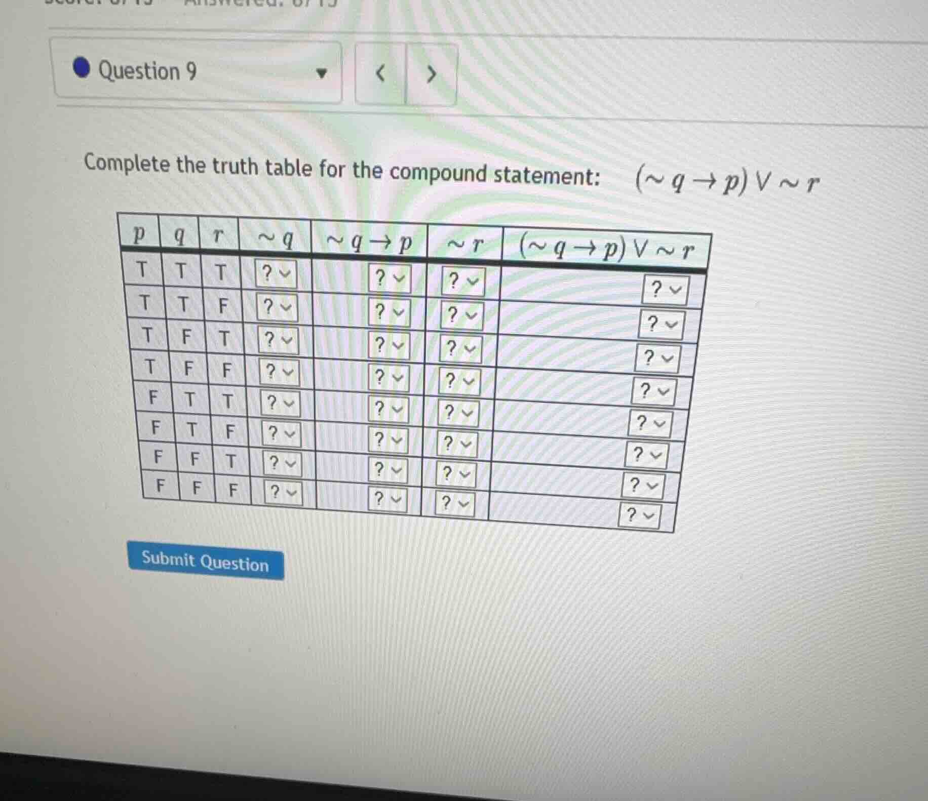 complete the truth table for the compound statement: \\((\\sim q \ ight…