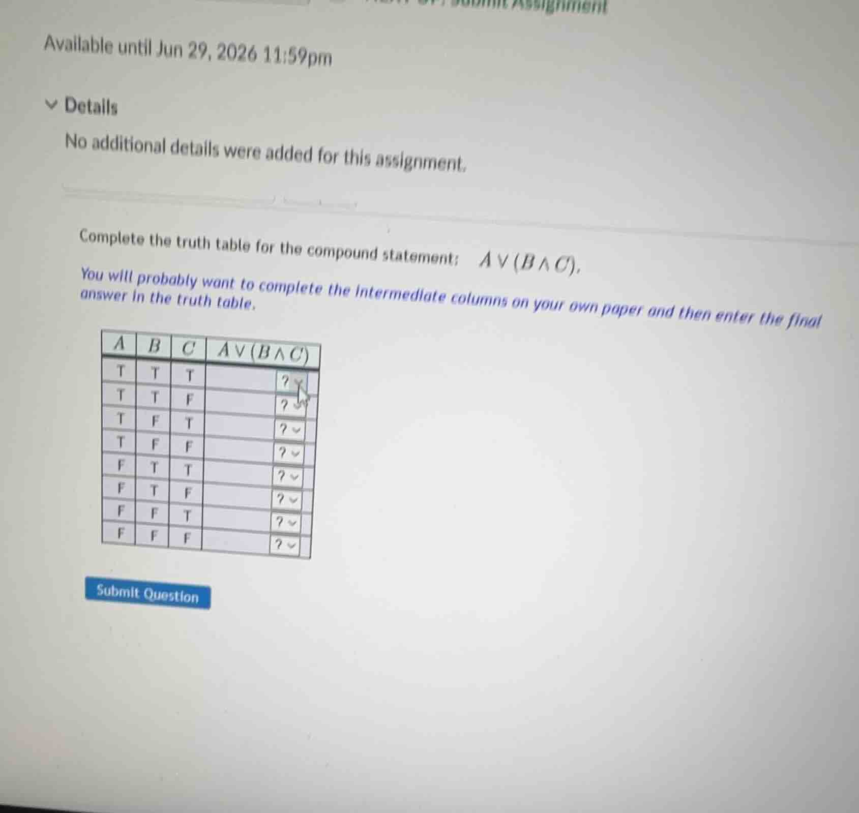 complete the truth table for the compound statement: \\(a \\lor (b \\la…