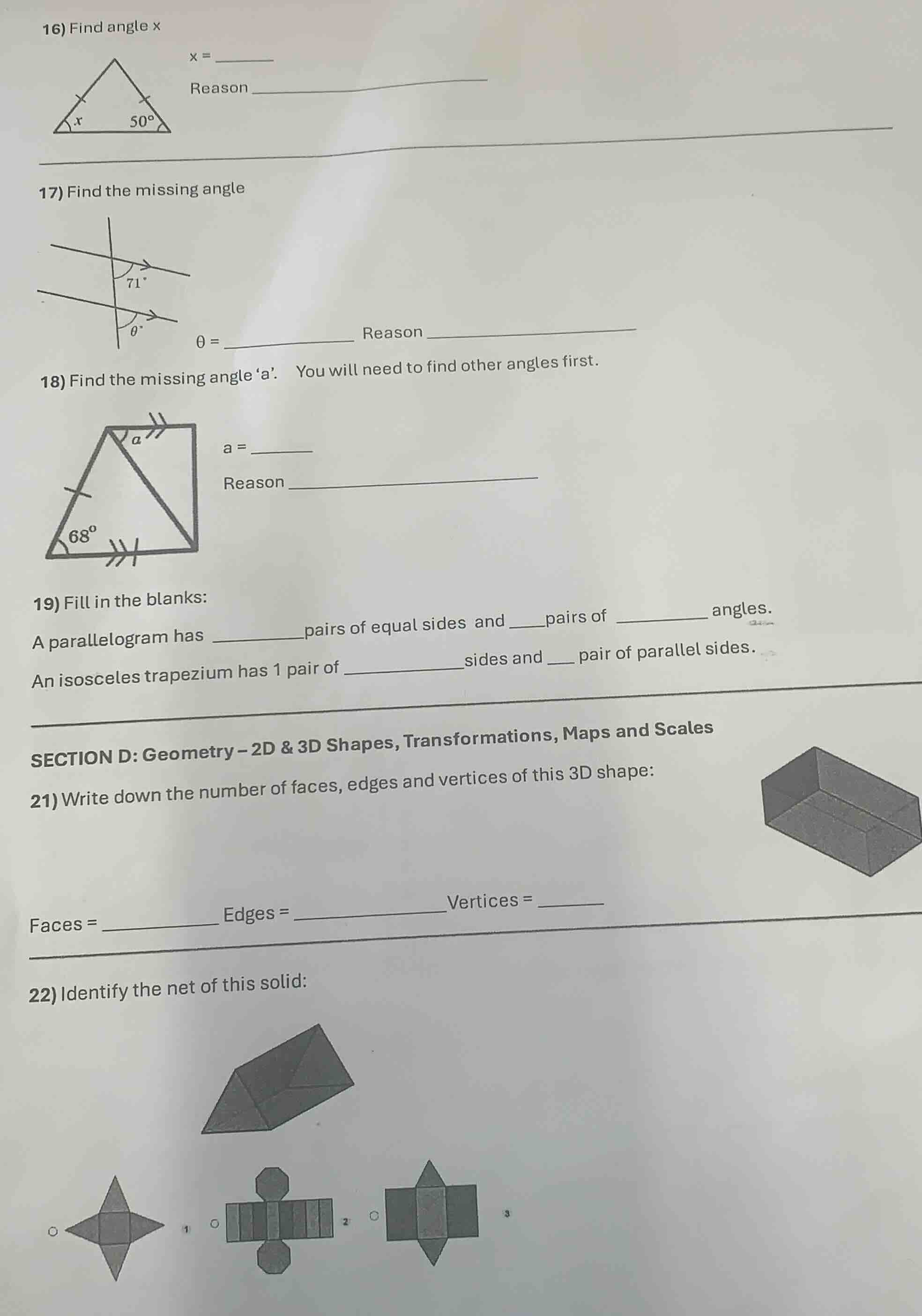 16) find angle x \\(x = \\underline{\\quad\\quad}\\) reason \\(\\underl…