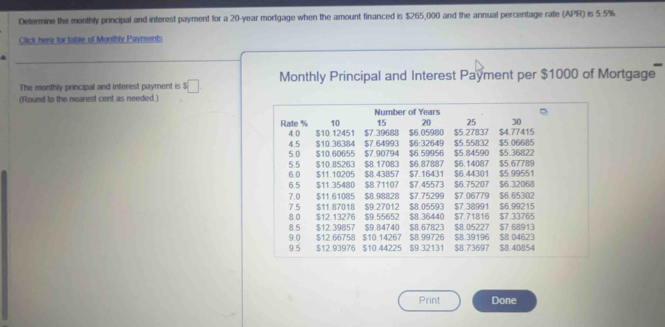 determine the monthly principal and interest payment for a 20-year mort…